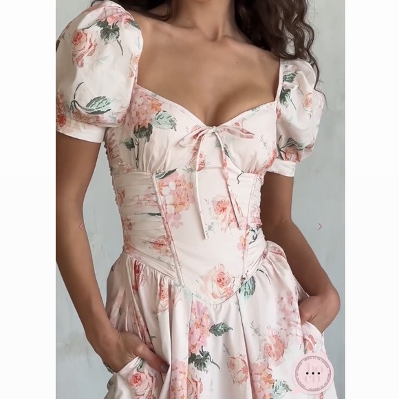 House of CB Lulabell Peach Floral Cotton Puff Sleeve Midi Dress Corset Back A-C - Picture 15 of 15